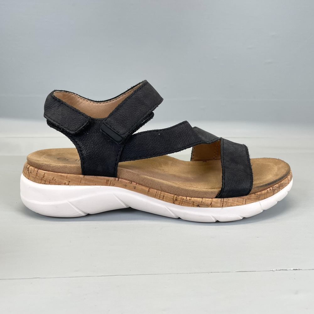 Earth Roni Wedge Sandals Womens Size 7 M Black Leather Strappy Ankle Strap Shoes